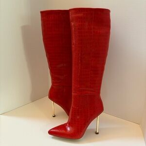 Unbranded Red Croc Embossed Knee High Boots Gold Heel Pointed Toe Size 8
